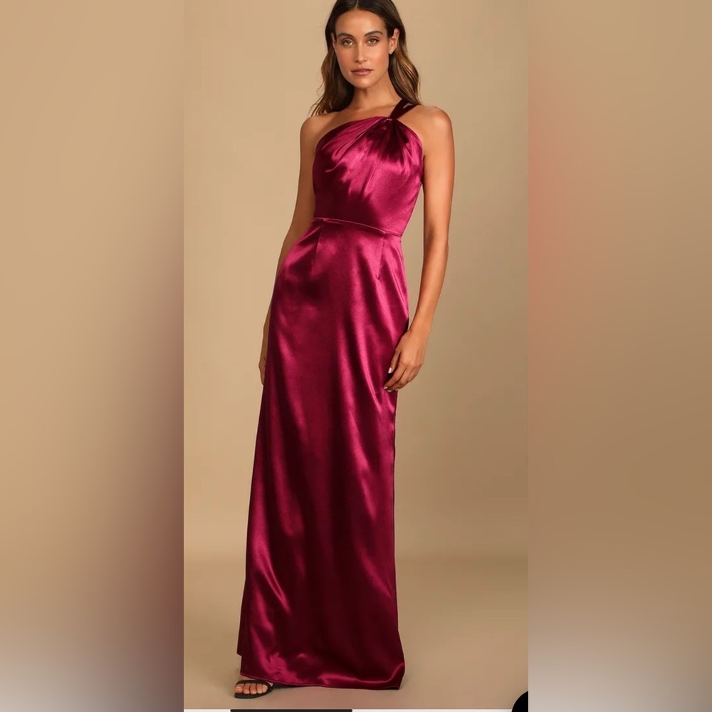 Lulu's Satin One-Shoulder Maxi Dress in Deep Berry